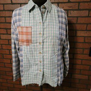 Papermoon Patchwork Oversized Plaid Flannel Button Down Top.  Size Small.